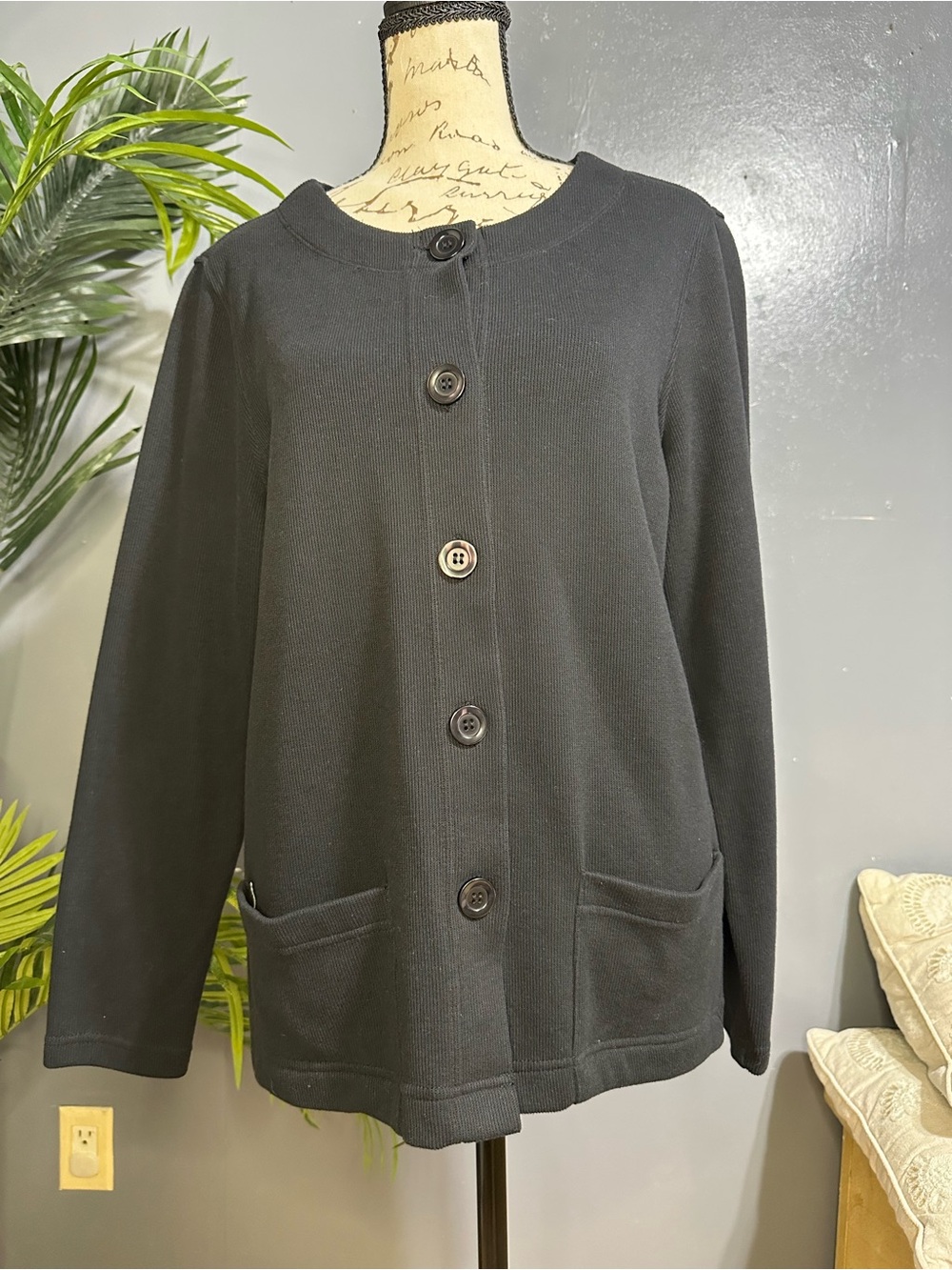 Rebecca Malone Black Button-Front Knit Jacket